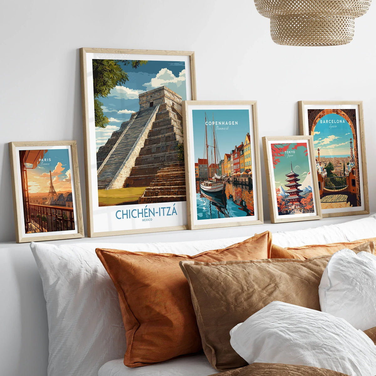 Mexico Chichén Itzá El Castillo Poster Mayan Temple Travel Print Ancient Ruins Wall Art in a gallery wall set of five framed travel prints in natural wood frames above a bed