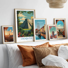 Mexico Chichén Itzá Mayan Pyramid Poster Jungle Ruins Travel Print El Castillo Art in a gallery wall set of five framed travel prints in natural wood frames above a bed