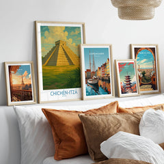 Mexico Mayan Pyramid Chichén Itzá Travel Poster El Castillo Landscape Print Wall Art in a gallery wall set of five framed travel prints in natural wood frames above a bed