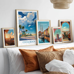 Cocoa Beach Florida Oceanfront Landscape Print - Florida Coast Decor in a gallery wall set of five framed travel prints in natural wood frames above a bed