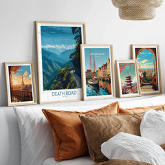 Death Road Bolivia Hiking Trail Art Print | Camino de la Muerte Poster in a gallery wall set of five framed travel prints in natural wood frames above a bed