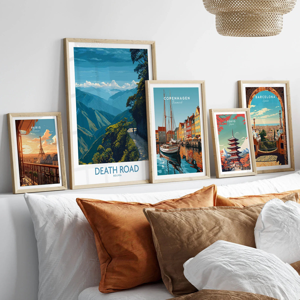Death Road Bolivia Hiking Trail Art Print | Camino de la Muerte Poster in a gallery wall set of five framed travel prints in natural wood frames above a bed