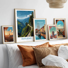 Death Road Bolivia Art Print | Yungas Road Poster in a gallery wall set of five framed travel prints in natural wood frames above a bed