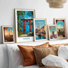 Hakone Japan Iconic Torii Print - Japanese Scenic Landscape Decor in a gallery wall set of five framed travel prints in natural wood frames above a bed