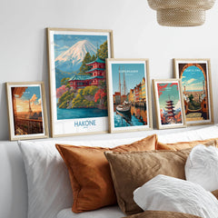 Hakone Japan Wall Art - Japan Travel Print in a gallery wall set of five framed travel prints in natural wood frames above a bed