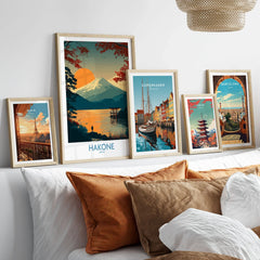 Hakone Japan Wall Art Lake Ashi Print - Japanese Spiritual Poster in a gallery wall set of five framed travel prints in natural wood frames above a bed