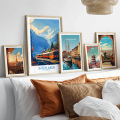 Interlaken Wall Art Print No. 2 in a gallery wall set of five framed travel prints in natural wood frames above a bed