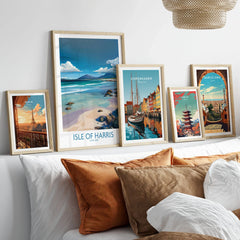 Isle of Harris Poster Scotland Clear Waters - Hebridean Seascape Decor in a gallery wall set of five framed travel prints in natural wood frames above a bed