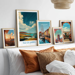 Isle of Harris Poster Scotland Dramatic Sky Seascape - Scottish Island Travel Decor in a gallery wall set of five framed travel prints in natural wood frames above a bed