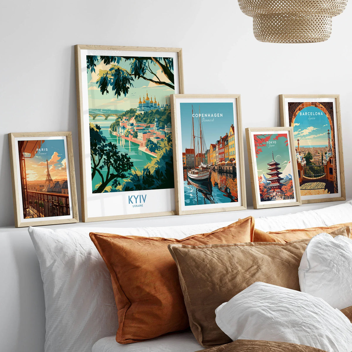 Kyiv Ukraine Dnipro River Wall Art — golden domes on a wooded bluff above the Dnipro river, shown as set five framed artprints above bed natural wood frames