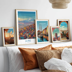 La Paz Bolivia Urban Landscape Wall Art - South American City Print in a gallery wall set of five framed travel prints in natural wood frames above a bed