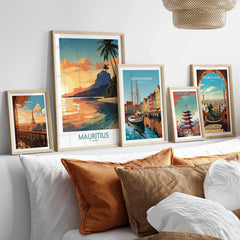 Le Morne Mauritius Wall Art in a gallery wall set of five framed travel prints in natural wood frames above a bed