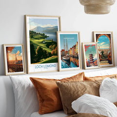 Loch Lomond Scotland Highland View Wall Art — autumn slopes rolling down to Loch Lomond with Highland hills beyond, shown as set five framed artprints above bed natural wood frames