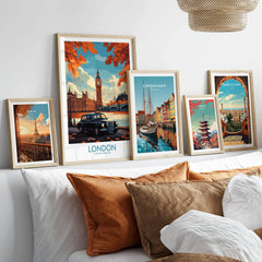 London Wall Art Print - Modern in a gallery wall set of five framed travel prints in natural wood frames above a bed
