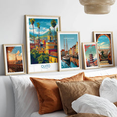 Ecuador Quito Cityscape Travel Print Poster Colonial Churches Andes Mountain Wall Art in a gallery wall set of five framed travel prints in natural wood frames above a bed