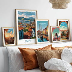 Ecuador Quito Rooftops Travel Poster City View Print Andes Landscape Wall Art South America in a gallery wall set of five framed travel prints in natural wood frames above a bed