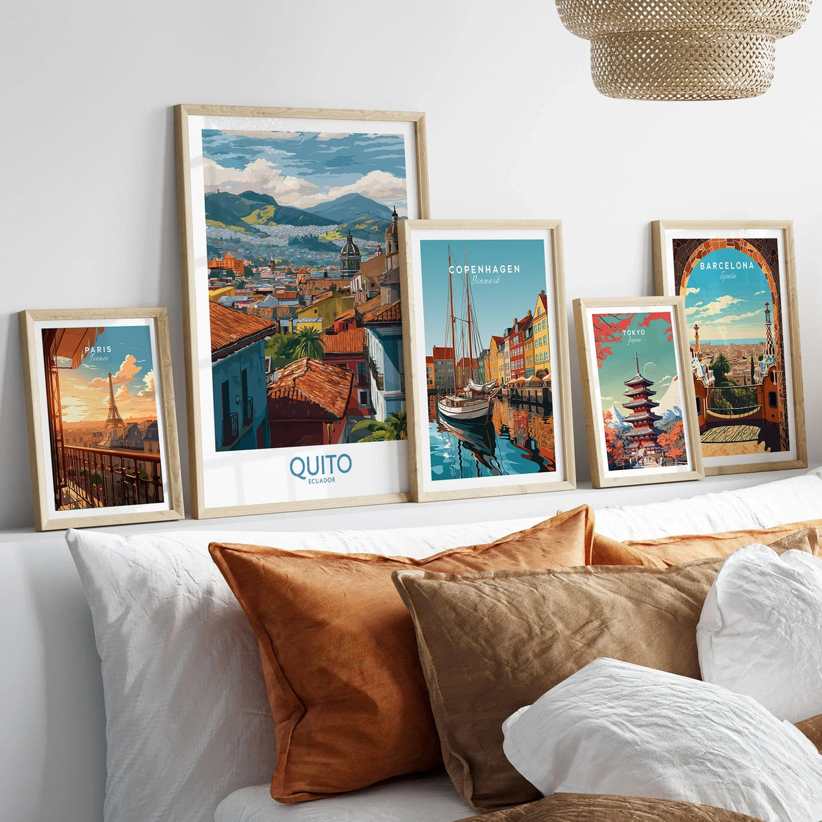 Ecuador Quito Rooftops Travel Poster City View Print Andes Landscape Wall Art South America in a gallery wall set of five framed travel prints in natural wood frames above a bed