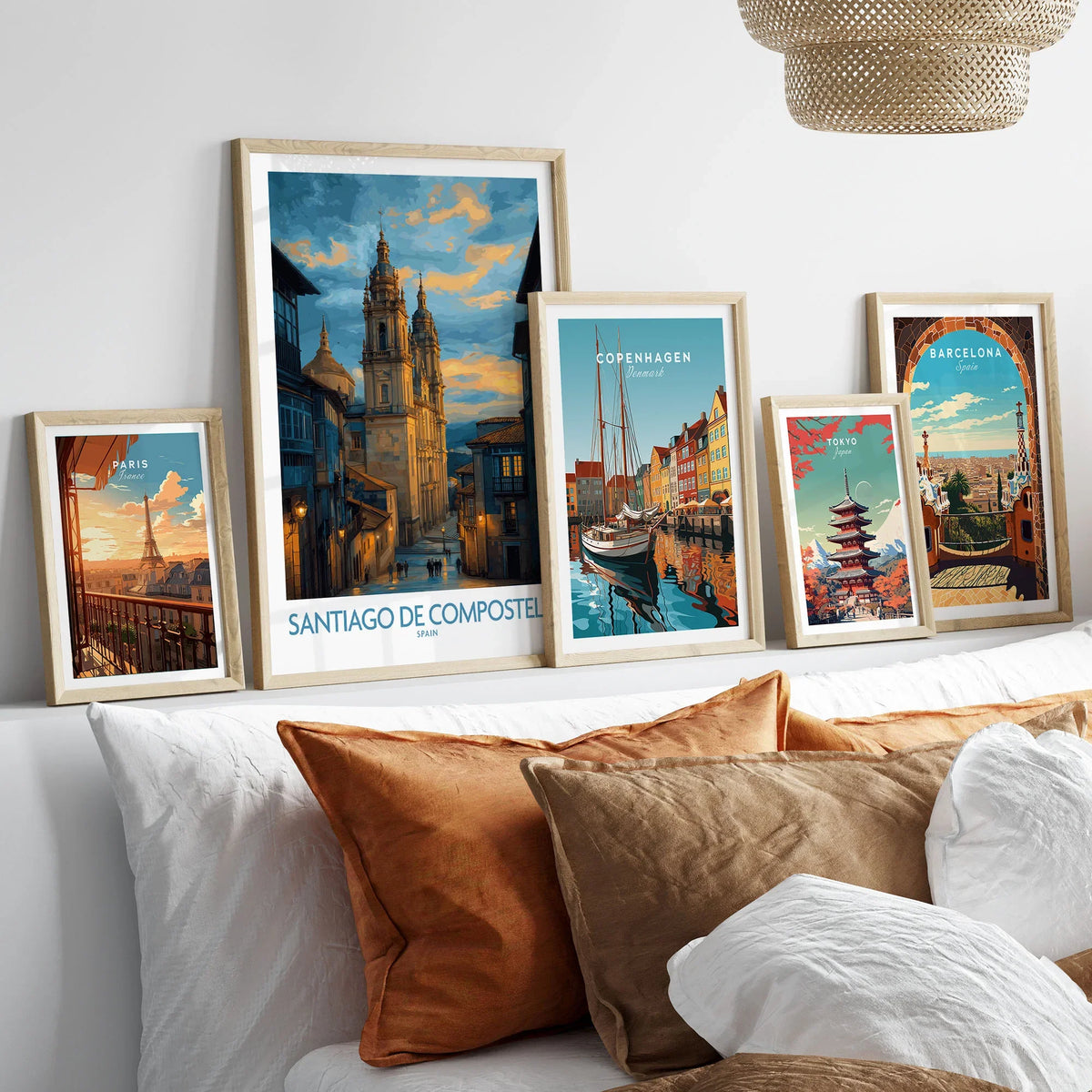 Santiago de Compostela Cathedral Art Print | Cityscape Poster in a gallery wall set of five framed travel prints in natural wood frames above a bed
