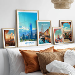 Santiago Wall Art Print - Chile in a gallery wall set of five framed travel prints in natural wood frames above a bed