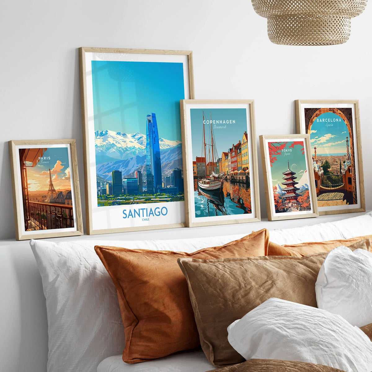 Santiago Wall Art Print - Chile in a gallery wall set of five framed travel prints in natural wood frames above a bed