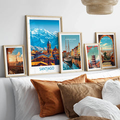 Santiago Wall Art Poster - Chile in a gallery wall set of five framed travel prints in natural wood frames above a bed