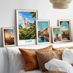 Tangier Morocco Lighthouse Gardens Wall Art — the Cap Spartel lighthouse above palm gardens and the blue strait, shown as set five framed artprints above bed natural wood frames
