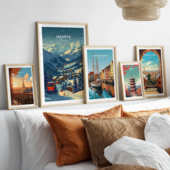 Megève Print France Ski Poster in a gallery wall set of five framed travel prints in natural wood frames above a bed