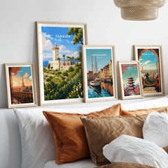 Tangier Morocco Cap Spartel Lighthouse Travel Poster — the Cap Spartel lighthouse above palm gardens and the blue strait, shown as set five framed artprints above bed natural wood frames