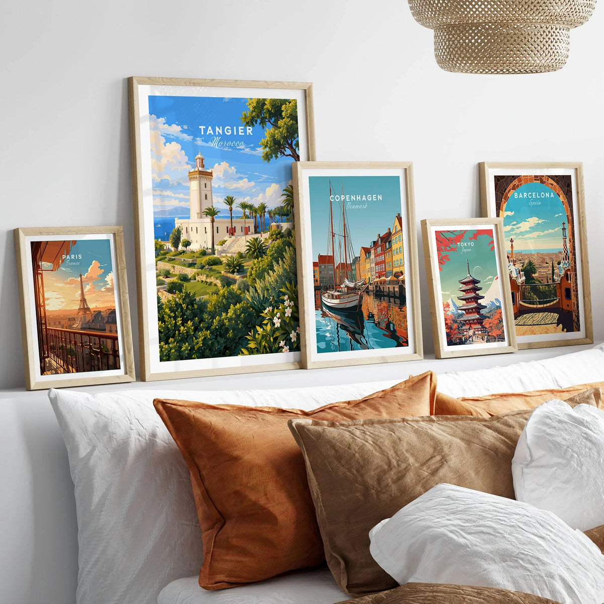 Tangier Morocco Cap Spartel Lighthouse Travel Poster — the Cap Spartel lighthouse above palm gardens and the blue strait, shown as set five framed artprints above bed natural wood frames
