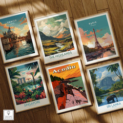 Set of six framed travel art prints featuring Venice, Paris, Highlands, Singapore, Acadia, Sri Lanka.