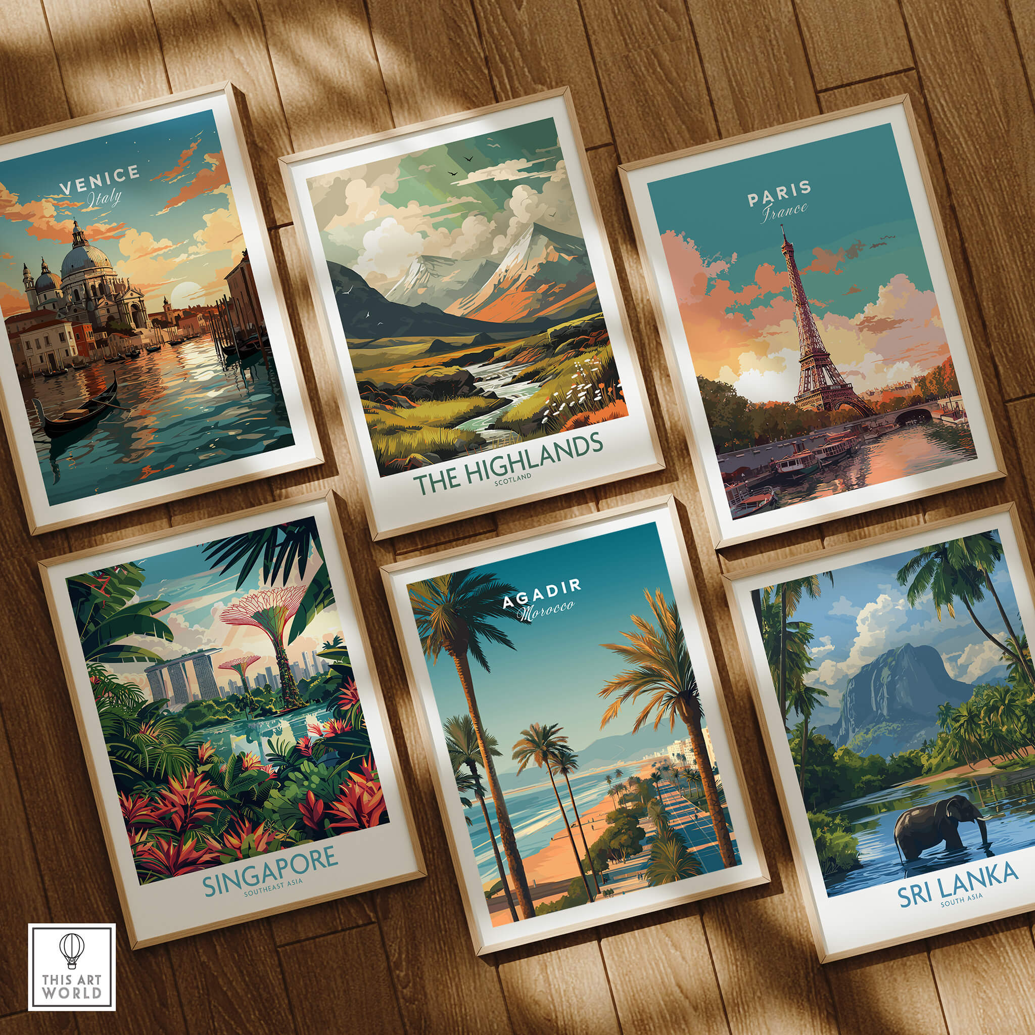 Agadir Travel Poster Print Morocco - Palm Trees with other travel posters in a stylish display.