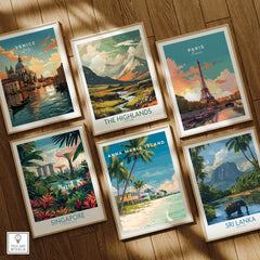 Set of six framed travel art prints featuring Venice, Paris, Singapore, Highlands, Anna Maria Island, and Sri Lanka on a wooden floor
