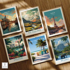 Set of six framed travel posters for Venice, Paris, Highlands, Singapore, Anna Maria Island, and Sri Lanka on wooden floor