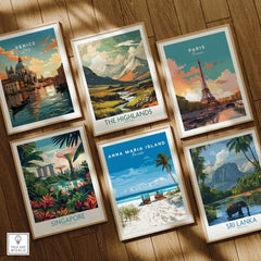 Set of six framed travel art prints featuring Venice, Paris, Singapore, The Highlands, Anna Maria Island, and Sri Lanka on a wooden floor.