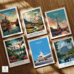 Asmara Travel Poster – Fiat Tagliero Futurist Architecture Art Print among various travel posters on display.