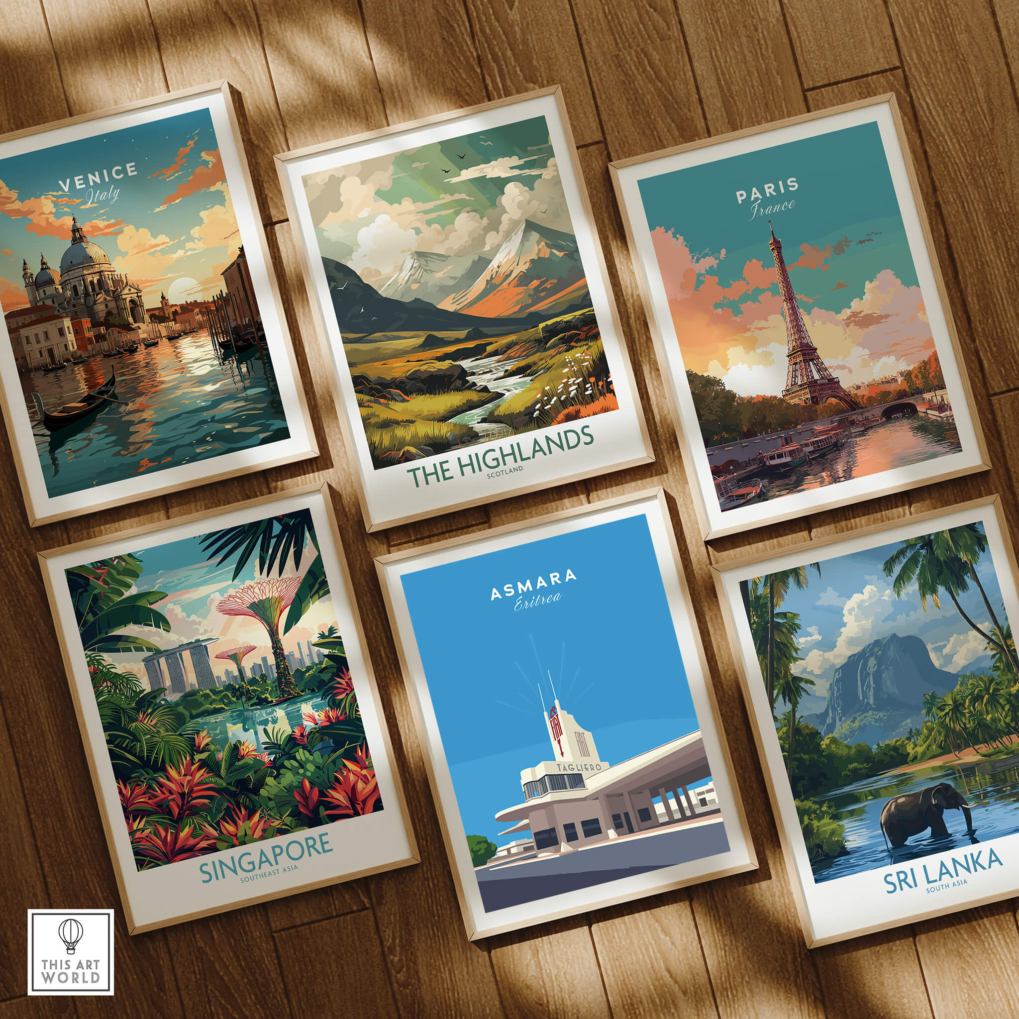 Asmara Travel Poster – Fiat Tagliero Futurist Architecture Art Print among various travel posters on display.