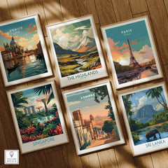 Asmara Travel Poster – Sunset Cityscape Art Print featured among other travel posters in a vibrant display.