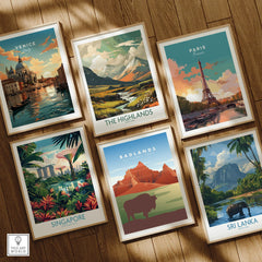 Set of six framed travel posters including Venice, Paris, Highlands, Badlands, Singapore, Sri Lanka