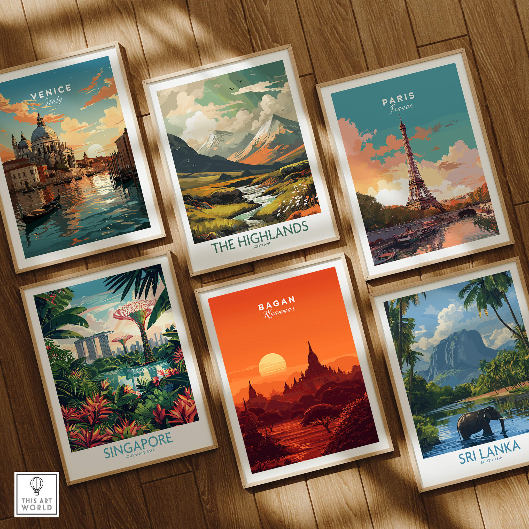 Bagan Travel Poster – Minimalist Temple Wall Art among framed travel posters of Venice, The Highlands, Paris, Singapore, and Sri Lanka.