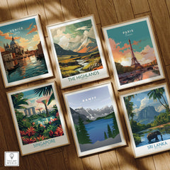 Set of six framed travel posters featuring landmarks and scenic landscapes on a wooden floor.
