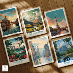 Set of six framed travel art prints featuring Venice, Highlands, Paris, Singapore, Birmingham, and Sri Lanka on a wooden floor.