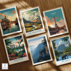 Set of six framed travel posters featuring Venice, Paris, Highlands, Singapore, Blue Mountains, and Sri Lanka, displayed on a wooden floor.