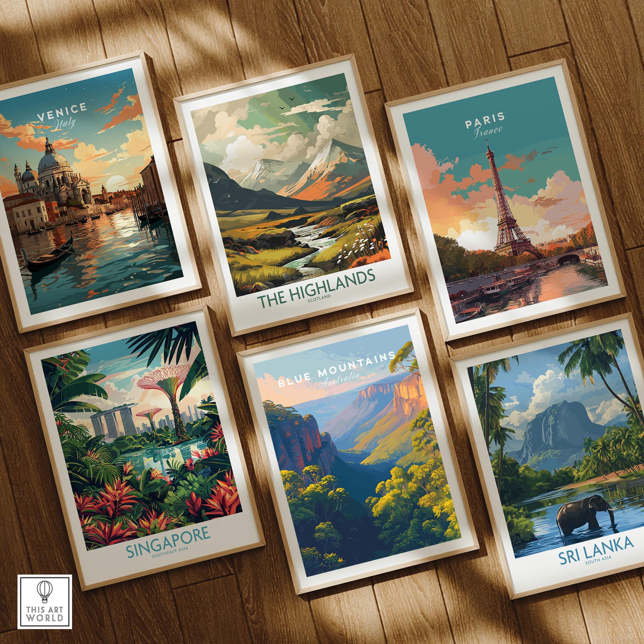 Set of six framed travel posters featuring Venice, Paris, Singapore, Blue Mountains, Highlands, and Sri Lanka, displayed on a wooden floor.