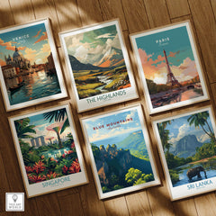 Set of six framed travel posters featuring Venice, Paris, Singapore, Blue Mountains, Highlands, and Sri Lanka on a wooden floor.