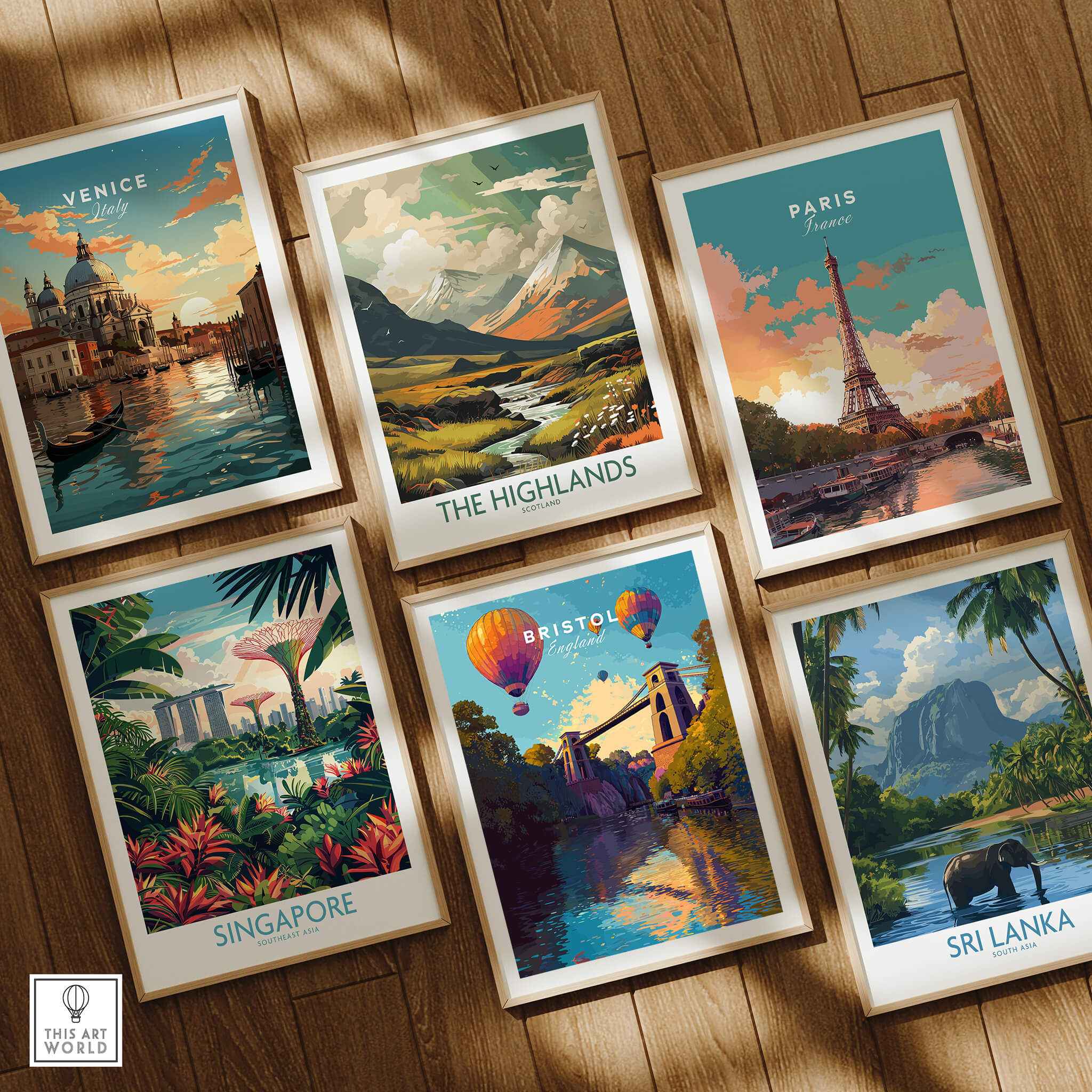 Bristol Travel Poster – Clifton Suspension Bridge and Hot Air Balloons Art prints displayed with other travel posters.