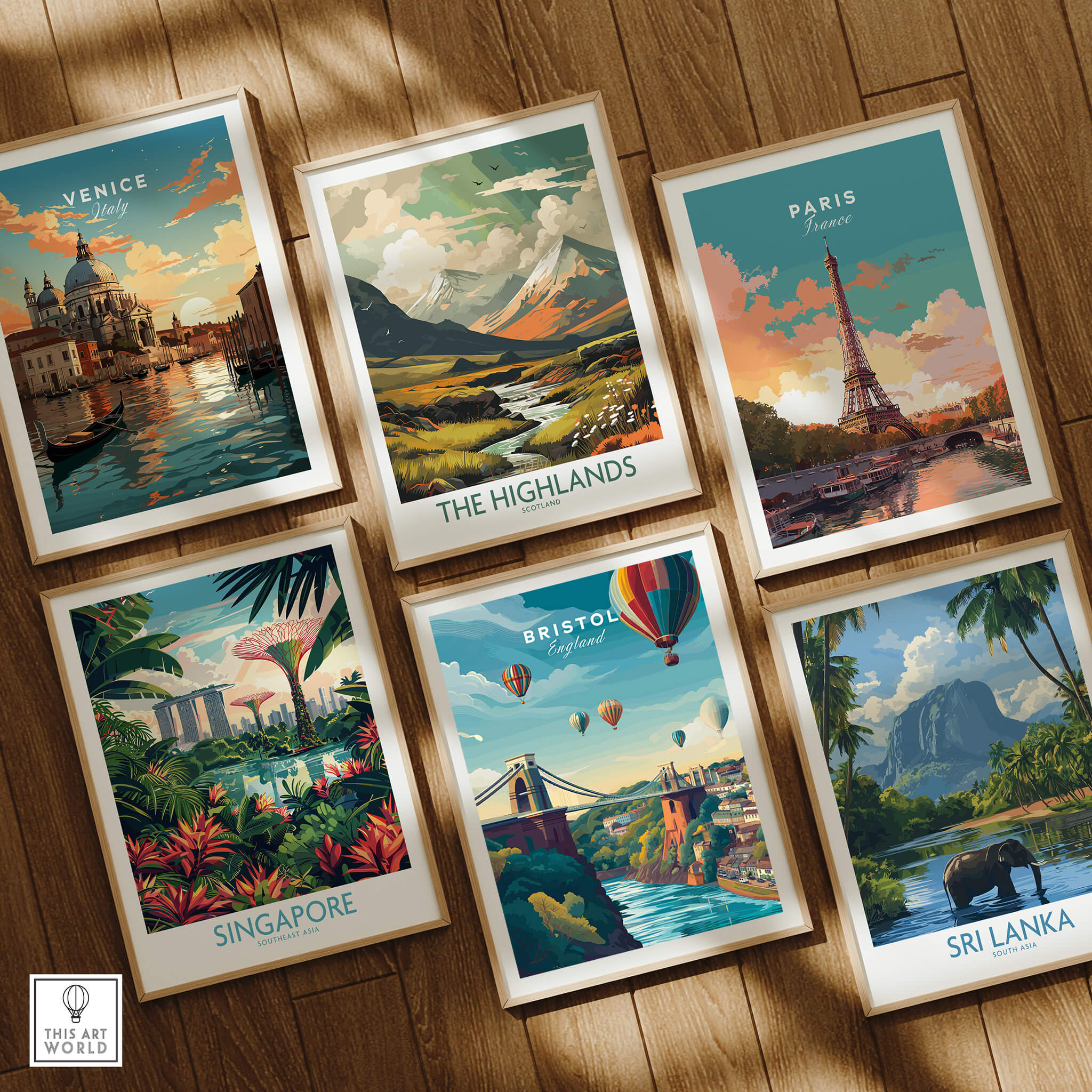 Image of vibrant travel art prints featuring destinations like Venice, The Highlands, Paris, Bristol, Singapore, and Sri Lanka.