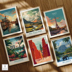 Set of six framed travel art prints featuring Venice, Highlands, Paris, Singapore, Bryce Canyon, Sri Lanka on wooden floor.