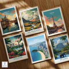 Set of six framed travel posters featuring Venice, Paris, Highlands, Singapore, Busan, Sri Lanka, on wooden floor