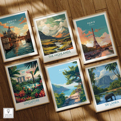 Set of six framed travel posters featuring Venice, the Highlands, Paris, Singapore, Busan, and Sri Lanka on a wooden floor.