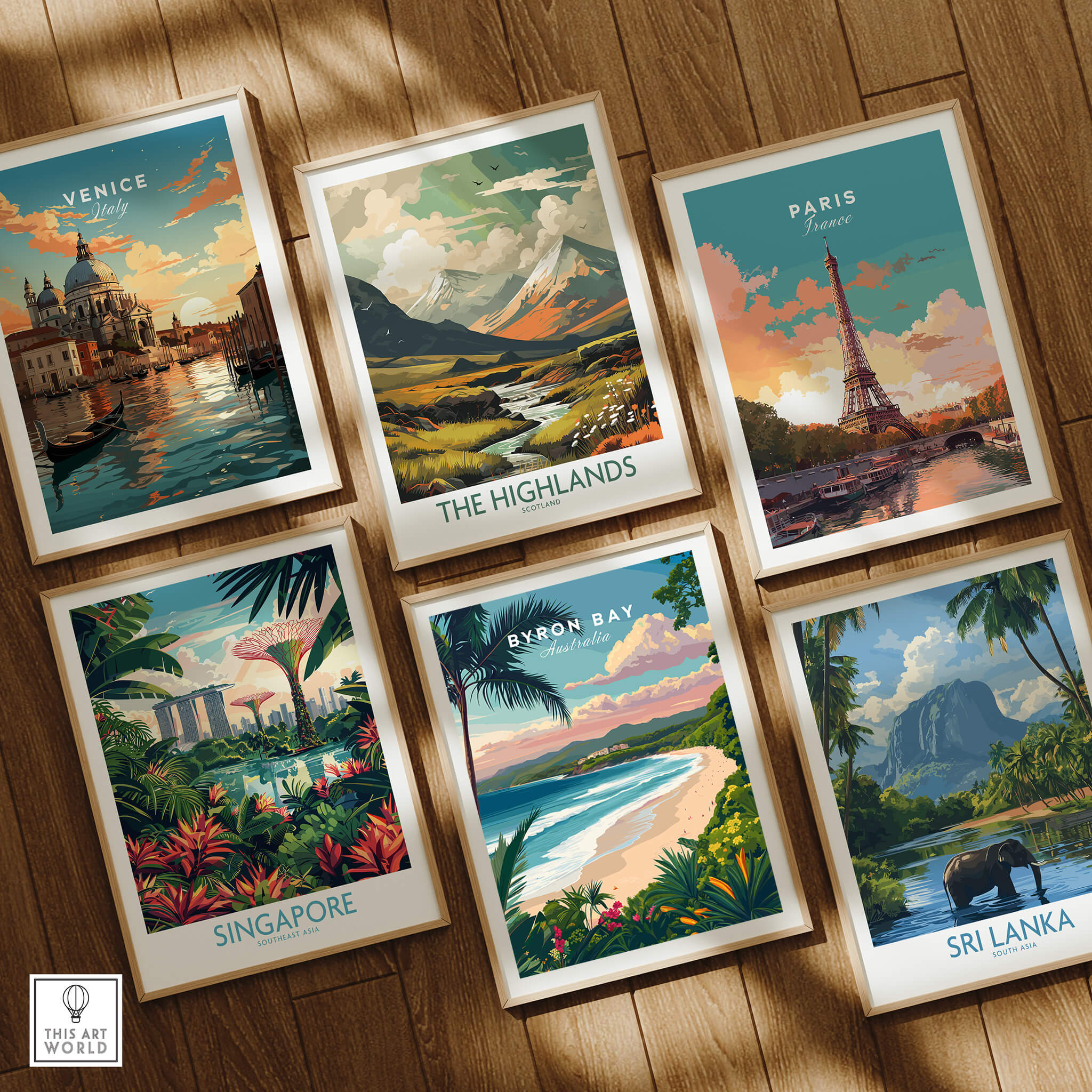 Byron Bay Australia Travel Poster featuring vibrant coastal scenery and iconic landmarks in a collection of travel prints.